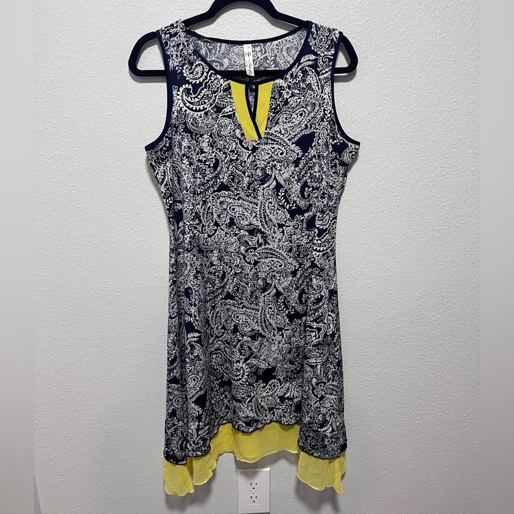 Perseption Concept Navy Blue White Yellow Paisley Summer Dress Size Large
